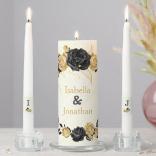 elegant gold & black flowers botanical wedding unity candle set