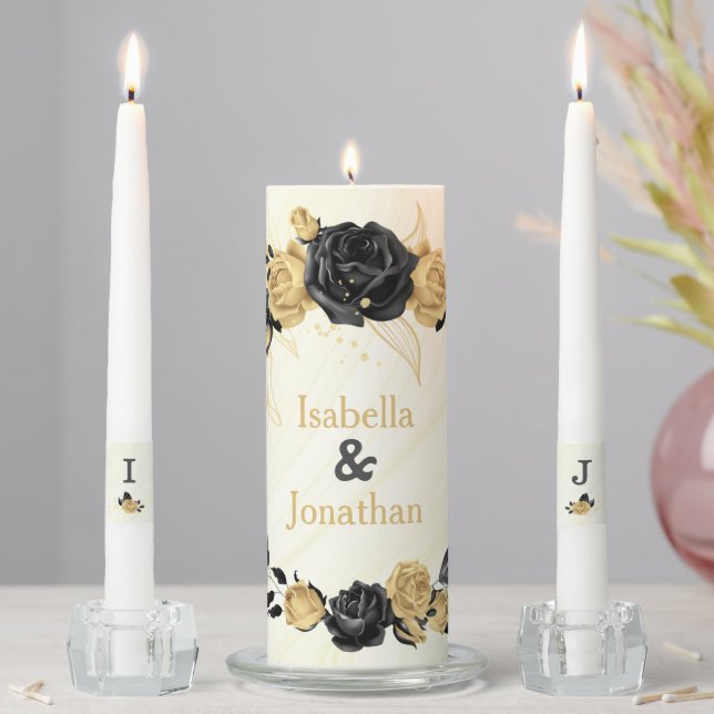 elegant gold & black flowers botanical wedding unity candle set (In Situ)