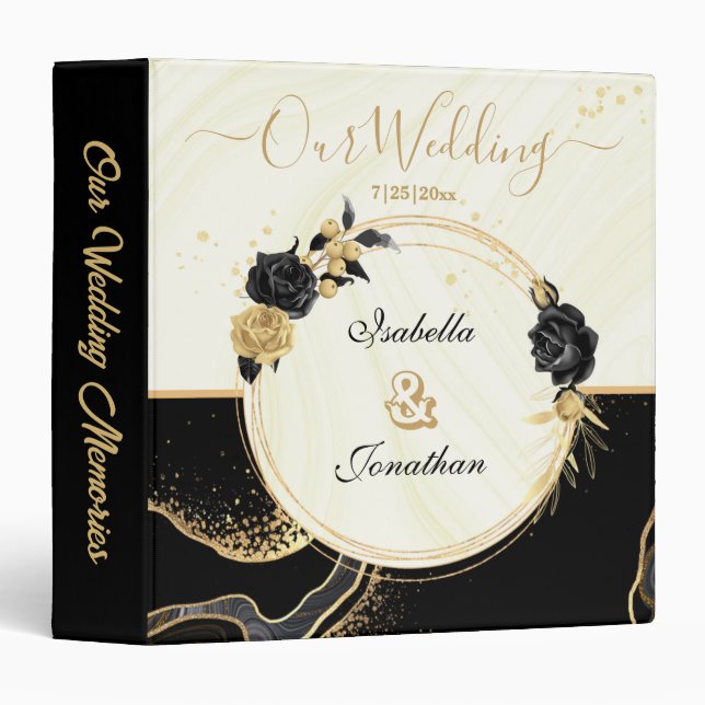 elegant gold & black flowers marble wedding album 3 ring binder (Front/Spine)