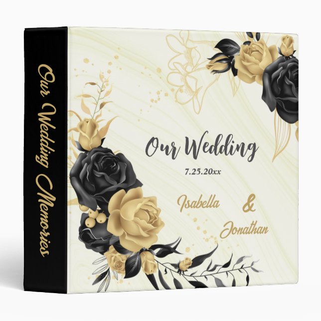 elegant gold & black flowers marble wedding album 3 ring binder (Front/Spine)