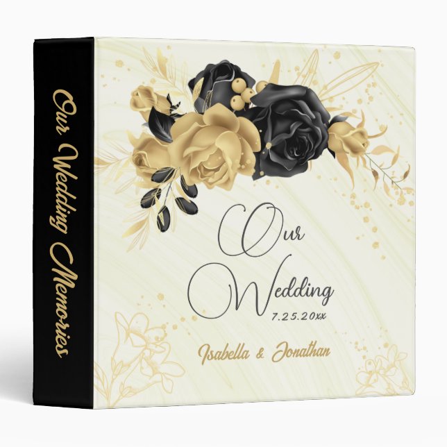 elegant gold & black flowers marble wedding album 3 ring binder (Front/Spine)
