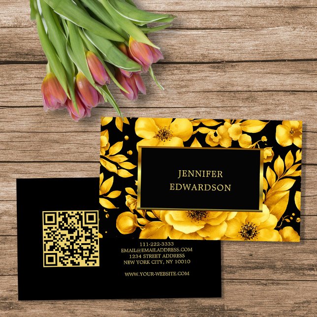 Elegant gold black flowers QR code professional Business Card (Elegant gold black flowers QR code professional Business Card.)