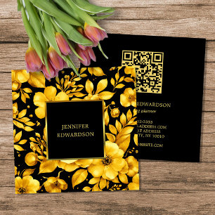 Elegant gold black flowers QR code professional Square Business Card