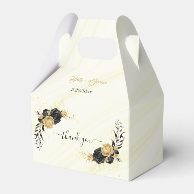 elegant gold & black flowers wedding favor boxes (Front Side)