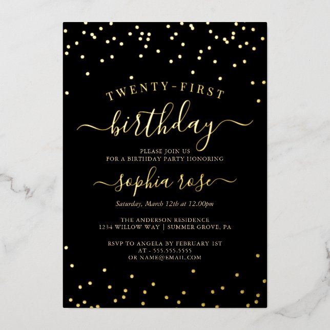 Elegant Gold Black Foil Calligraphy 21st Birthday  Foil Invitation (Front)
