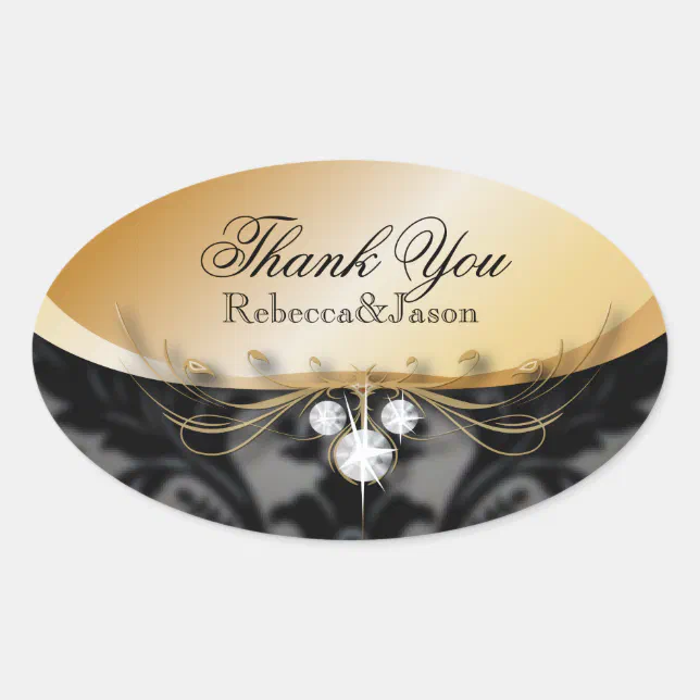 Elegant Gold black formal damask Wedding thank you Oval Sticker | Zazzle