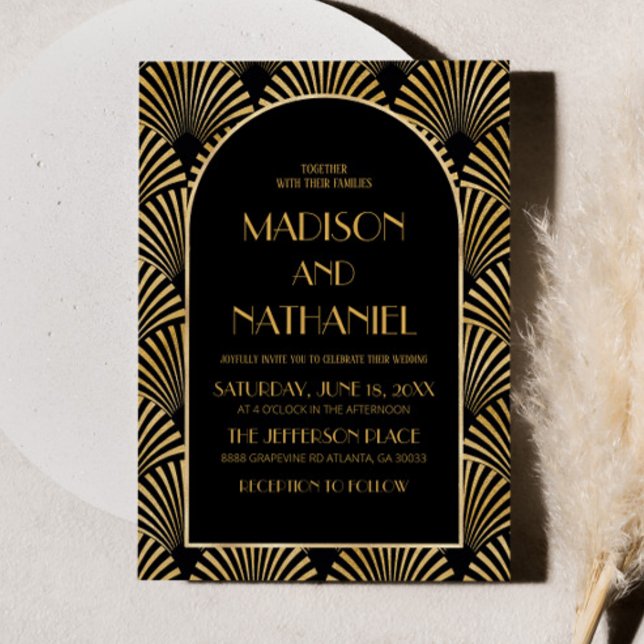 Elegant Gold Black Geometric Art Deco Wedding Invitation (Creator Uploaded)
