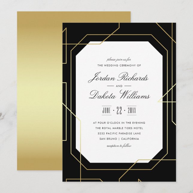 Elegant Gold & Black Geometric Wedding Invitation (Front/Back)