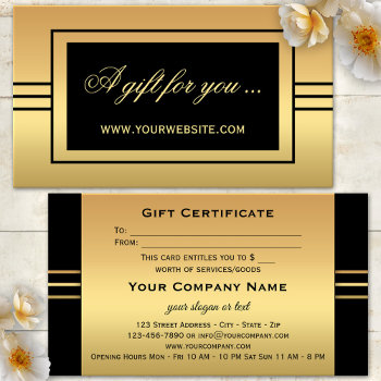 Elegant Gold Black Gift Certificate Template by sunnysites at Zazzle