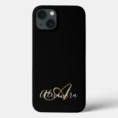 Elegant Gold Black Girly Script Name Monogram iPhone 13 Case