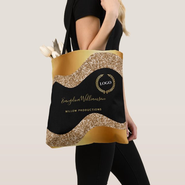 Elegant Gold Black Glam Logo Tote Bag (Close Up)