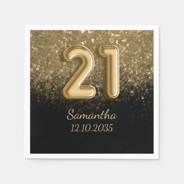 Elegant Gold Black Glitter 21st Birthday Napkins (Front)