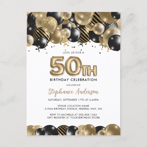 Elegant Gold Black Glitter 50th Birthday Invite