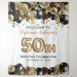 Elegant Gold Black Glitter 50th Birthday Tapestry<br><div class="desc">Greet your guests in style with this elegant 50th birthday tapestry featuring sparkling glitter balloons in various shades of gold and black with gold balloon number 50th. Falling streamers and confetti in black and gold complete the party vibe. Easy to customize by clicking "Personalize".</div>
