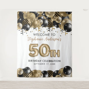 Elegant Gold Black Glitter 50th Birthday Tapestry