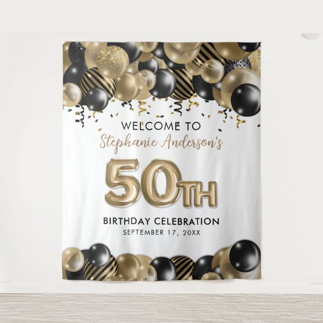 Elegant Gold Black Glitter 50th Birthday Tapestry (Front)