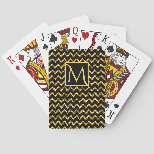 Elegant Gold Black Glitter Chevron Pattern Initial Poker Cards (Back)