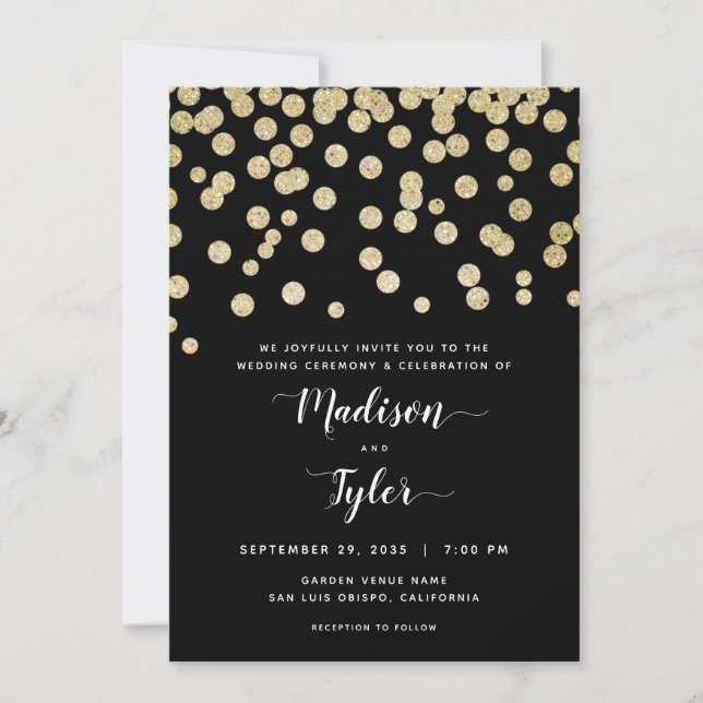 Elegant Gold & Black Glitter Confetti Minimalist Invitation (Front)