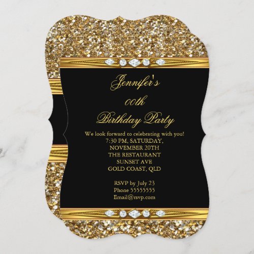 Elegant Gold Black Glitter Diamond Birthday Party Invitation