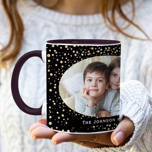 Elegant Gold Black Glitter Dots Photo Christmas Mug