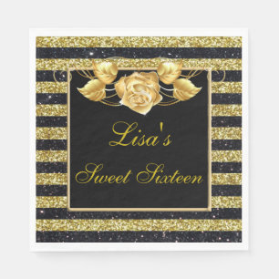 Elegant Gold Black Glitter Gold Rose Sweet 16 Napkins