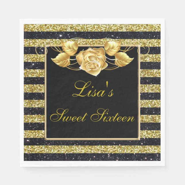 Elegant Gold Black Glitter Gold Rose Sweet 16 Napkins (Front)