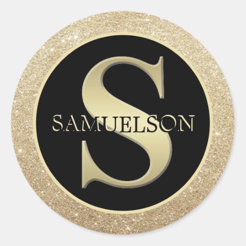 Elegant Gold Black Glitter Letter S Monogram Classic Round Sticker