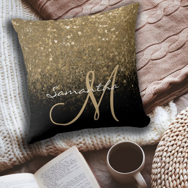 Elegant Gold & Black Glitter Monogram Name Throw Pillow (Creator Uploaded)