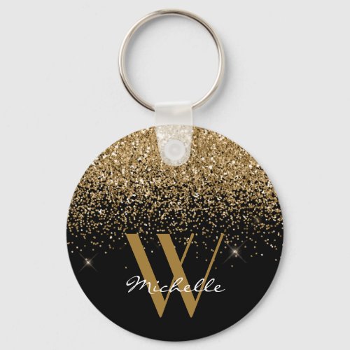 Elegant Gold Black Glitter Sparkle Monogram Name Keychain