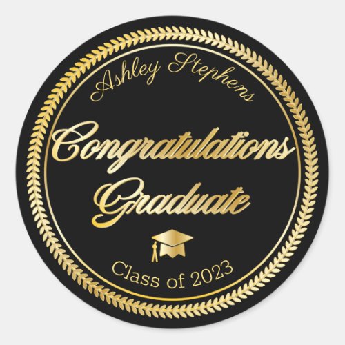 Elegant Gold  Black Grad Cap Class of 2023 Classic Round Sticker