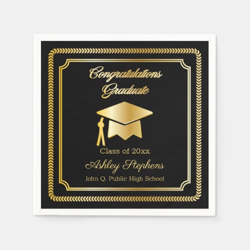 Elegant Gold  Black Grad Cap Class of 2023 Napkins