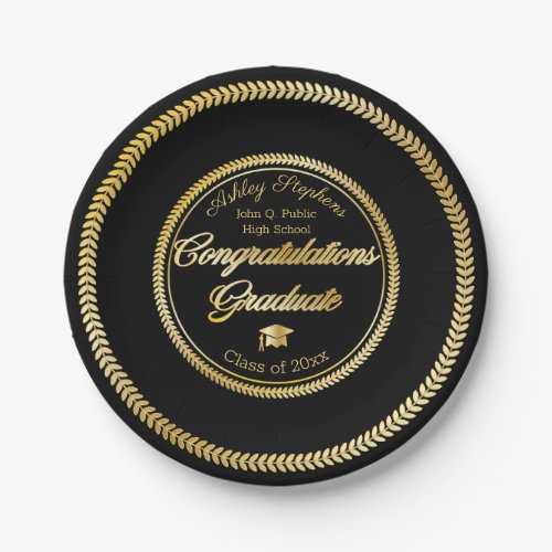 Elegant Gold  Black Grad Cap Class of 2023 Paper Plates