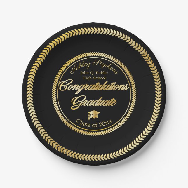 Elegant Gold | Black Grad Cap Class of 2026 Paper Plates (Front)