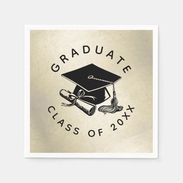 Elegant Gold Black Grad Cap Diploma Class of 2025 Napkins (Front)