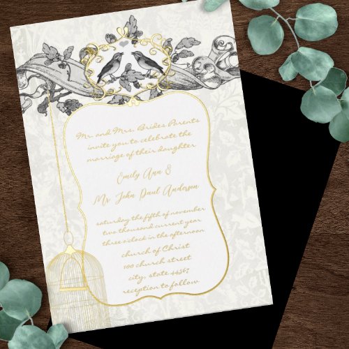 Elegant Gold Black  Gray Birdcage Wedding Foil Invitation