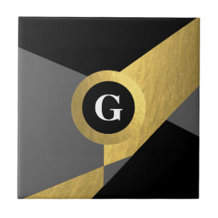 Elegant Gold Black Gray Color Block Any Monogram Ceramic Tile