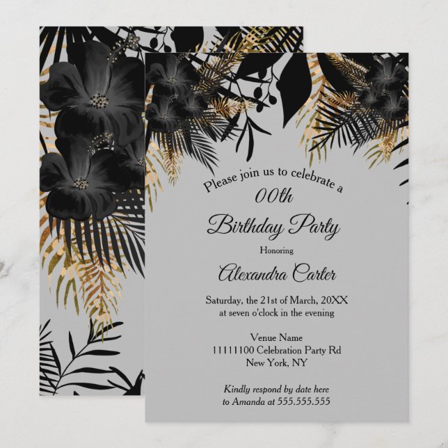 Elegant Gold Black Gray Floral Birthday Party Invitation (Front/Back)