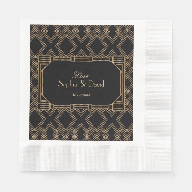 Elegant Gold Black Great Gatsby 1920s Wedding Napkins (Front)