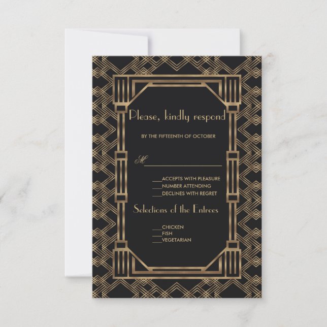Elegant Gold Black Great Gatsby 1920s Wedding RSVP Card (Front)