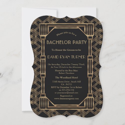 Elegant Gold Black Great Gatsby 20s Bachelor Party Invitation