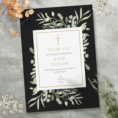 Elegant Gold Black Greenery Funeral Memorial Thank You Card