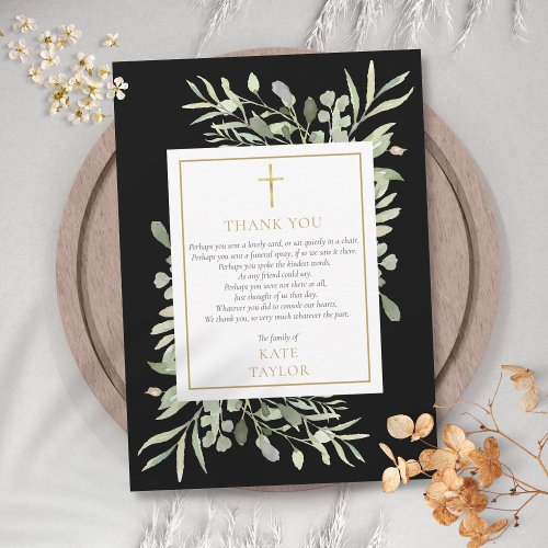 Elegant Gold Black Greenery Funeral Poem Thank You Card