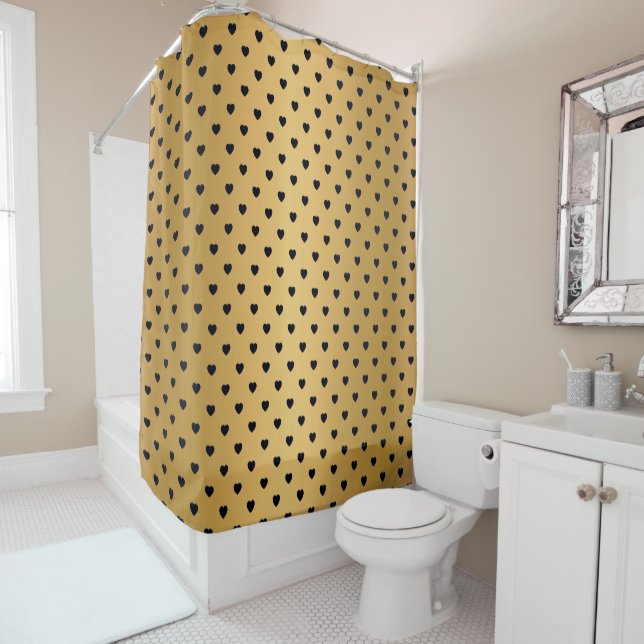 ELEGANT GOLD BLACK HEART PATTERN SHOWER CURTAIN (In Situ)