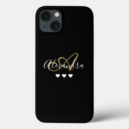 Elegant Gold Black Hearts Script Name Monogram Cas iPhone 13 Case