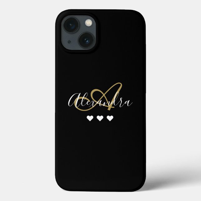 Elegant Gold Black Hearts Script Name Monogram Cas Case-Mate iPhone Case (Back)