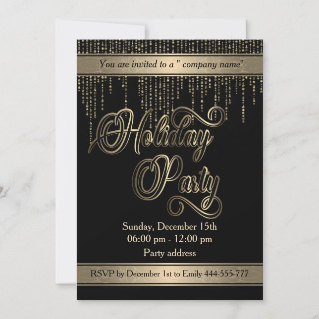 Elegant gold black holiday party corporate invitation (Front)