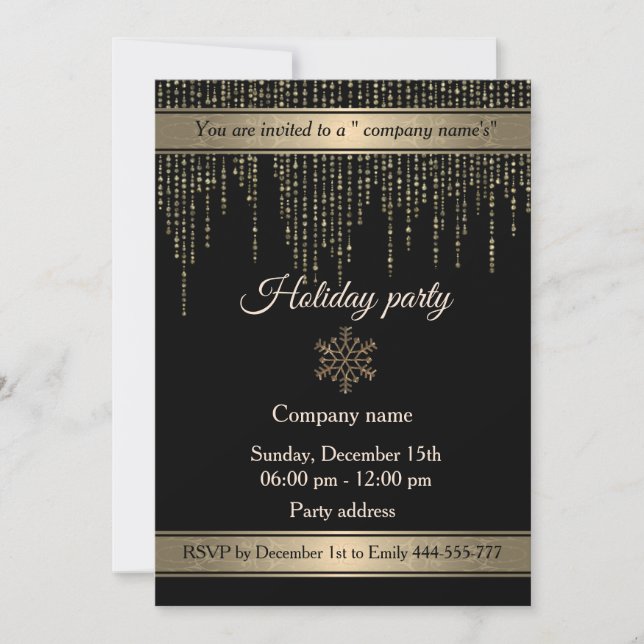 Elegant gold black holiday party corporate invitation (Front)