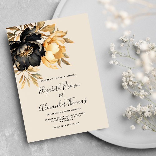 Elegant gold black ivory mint peony floral wedding invitation