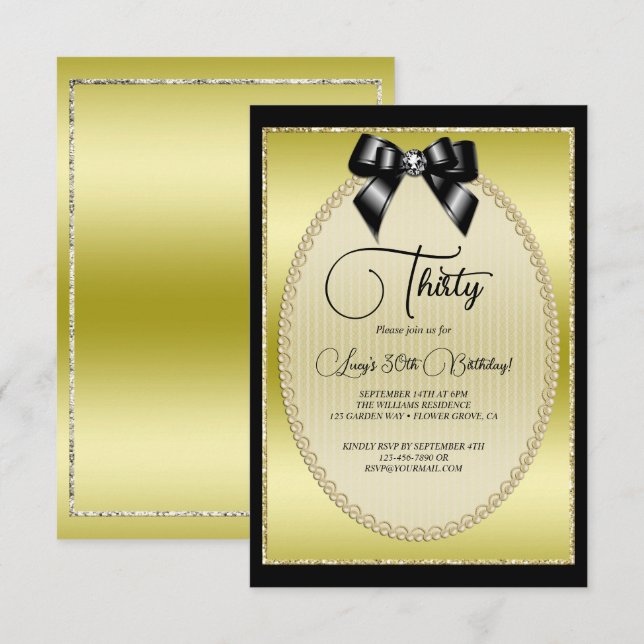 Elegant Gold, & Black Jewel Bow Birthday Invitation (Front/Back)
