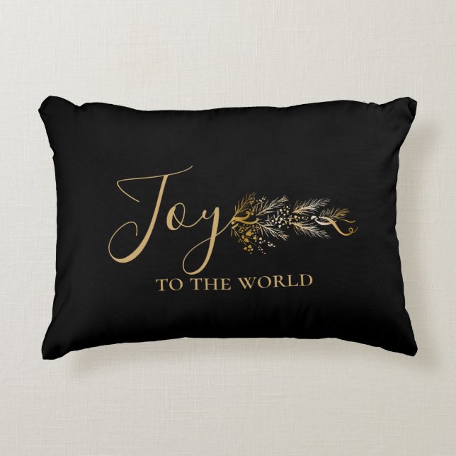 Elegant Gold Black Joy Personalized Christmas Accent Pillow (Front)
